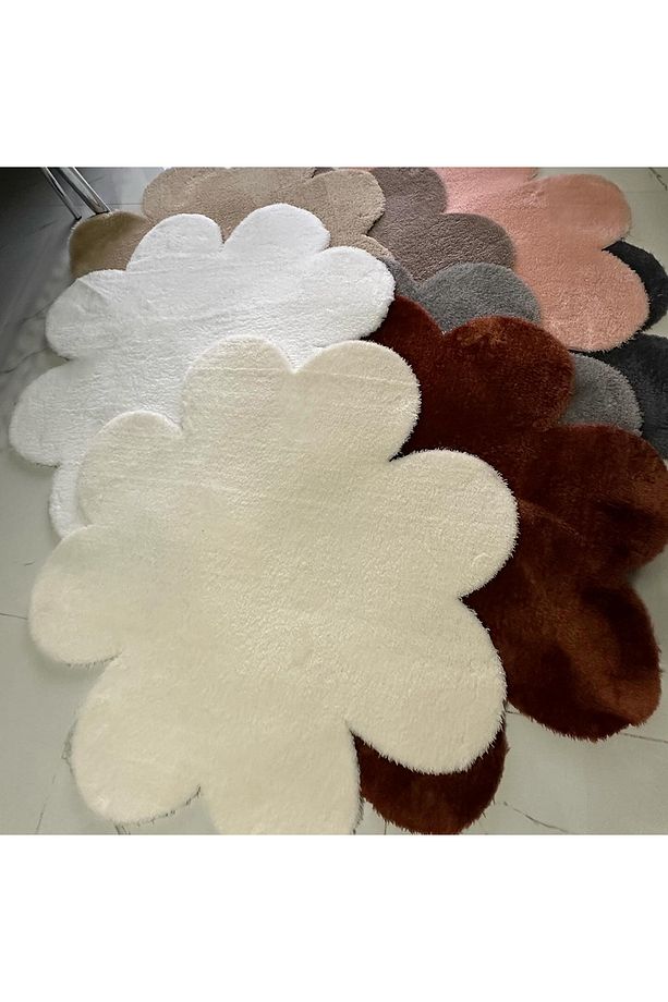 Çiçek Desenli Krem Halı Yumuşak Salon Halısı Modern Minimalist Dekoratif Halı 2'li Set (60x60-80x80) - 4