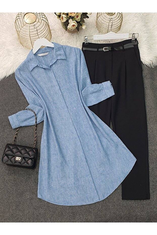 تونيك كتان بأزرار مخفية - أزرق - 1