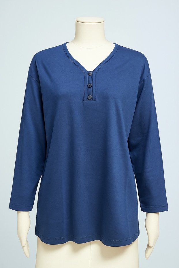 Plus Size V-Neck 3 Button Mother Combed Cotton Blouse – Relaxed Fit