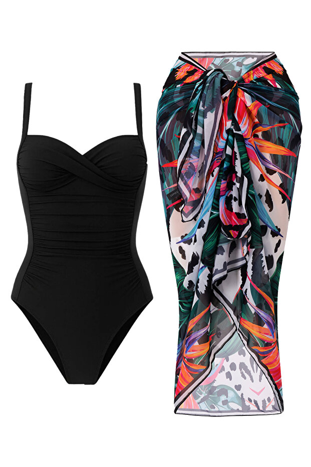 ملابس سباحة نسائية مثيرة بثنيات Lana-Black Leo Leaf Pattern Pareo مجموعة من قطعتين أنيقة وفعالة للتخسيس