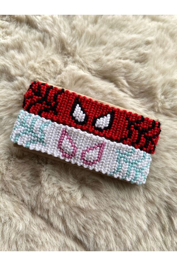 Set of 2 Spiderman Patterned Handcrafted Knitted Bracelets, Gwen & Peter Patterned Couple Bracelet