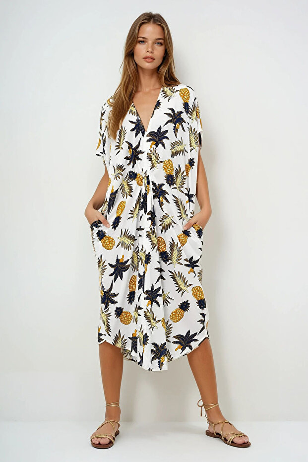 Women's Ecru-Yellow V-Neck Patterned Summer Maxi Size Woven Dress Prmx14087