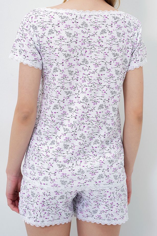Kadın Mikro Çiçek Mor Fisto Detaylı Pamuklu Geniş Yaka Gömlek Ve Şortlu Pijama Takımı Pjmx13899 - 5