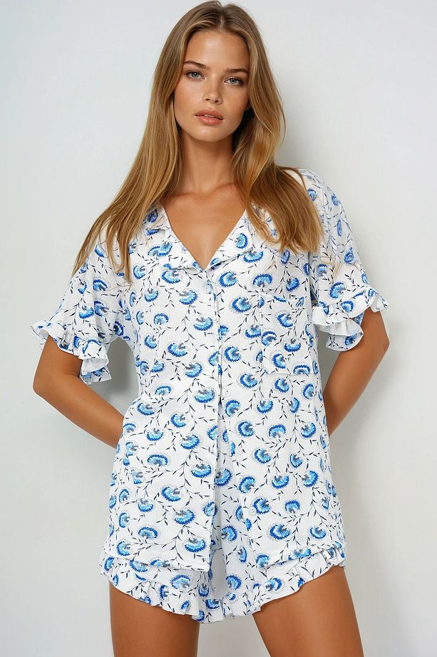 Kadın Zambak Mavi Tek Cepli Kolları Ve Paçası Fırfırlı Pamuklu Gömlek Ve Şortlu Pijama Takımı - 2