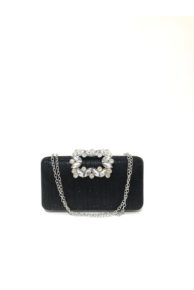 Black Color Laser Fabric Flower Motif Stone Hand and Strap Evening Dress Portfolio Clutch Evening Bag