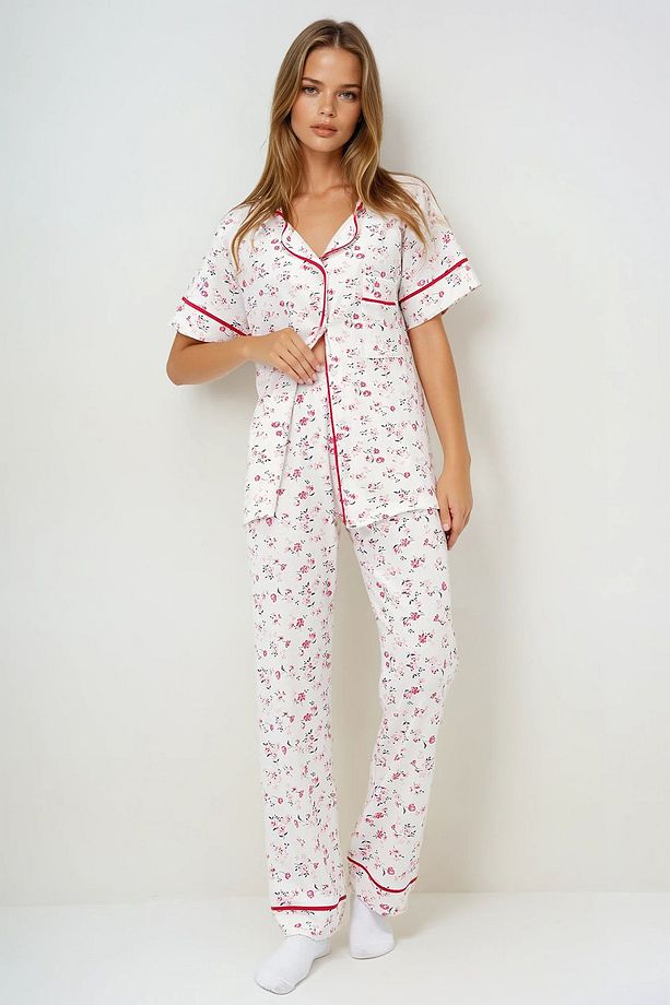 Kadın Mikro Çiçek Nar Tek Cepli Biye Detaylı Pamuklu Gömlek Ve Pantolonlu Pijama Takımı - 3