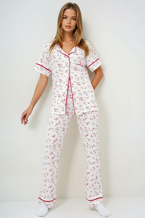 Kadın Mikro Çiçek Nar Tek Cepli Biye Detaylı Pamuklu Gömlek Ve Pantolonlu Pijama Takımı - 2