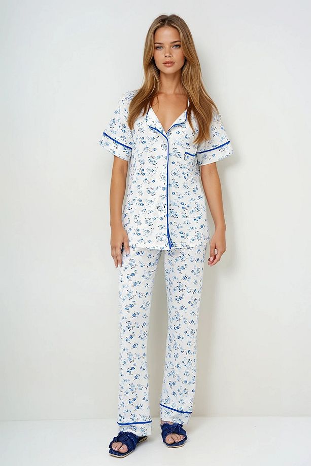 Kadın Mikro Çiçek Saks Tek Cepli Biye Detaylı Pamuklu Gömlek Ve Pantolonlu Pijama Takımı - 2