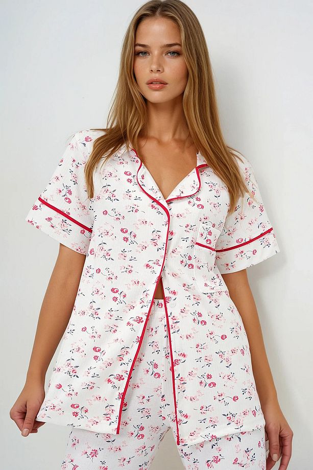 Kadın Mikro Çiçek Nar Tek Cepli Biye Detaylı Pamuklu Gömlek Ve Pantolonlu Pijama Takımı - 4