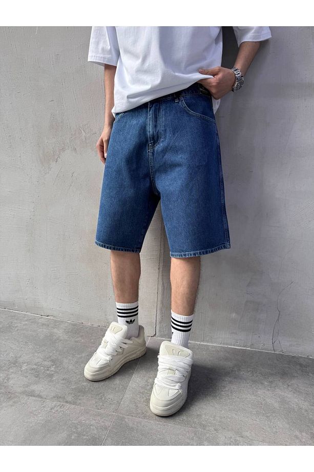 VintageKoyu Mavi Baggy Kot Şort - 1