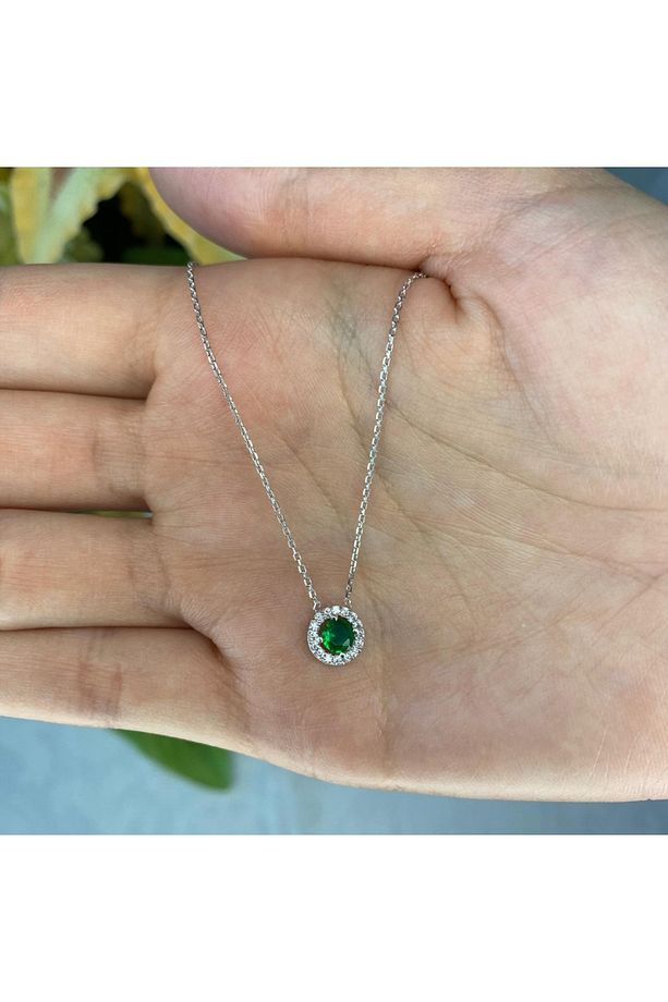 925 Ayar Gümüş Zümrüt Yuvarlak Tektaş Kolye - 4