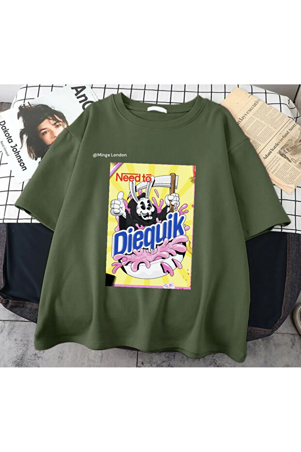 Khaki Diequik Front Printed Oversize Unisex T-Shirt -Mingalondon