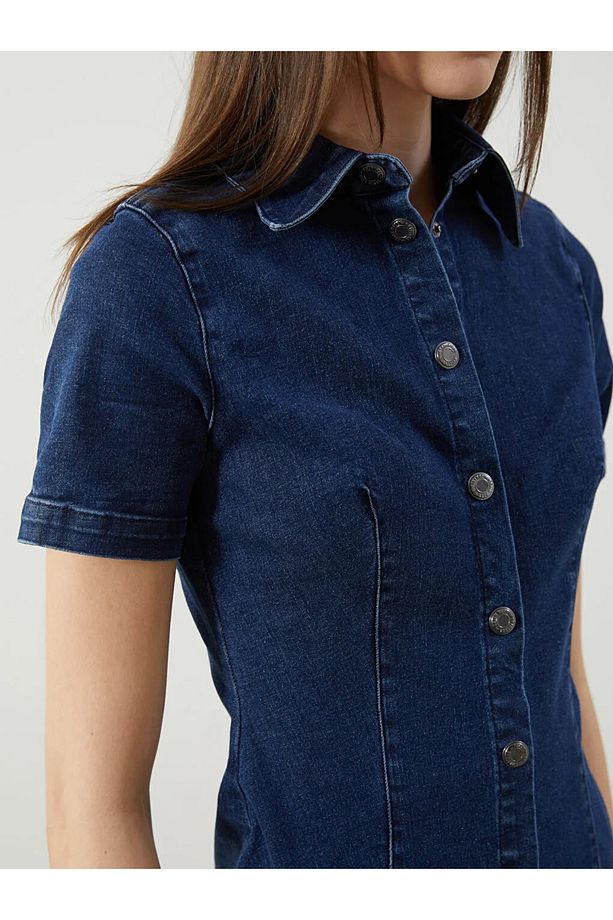 LCW Vision Indigo Gömlek Yaka Jean Elbise - 4