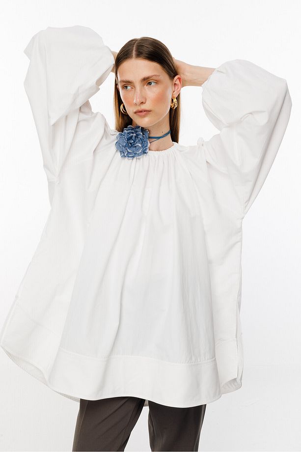 Ekru Volanlı Poplin Bluz - 5