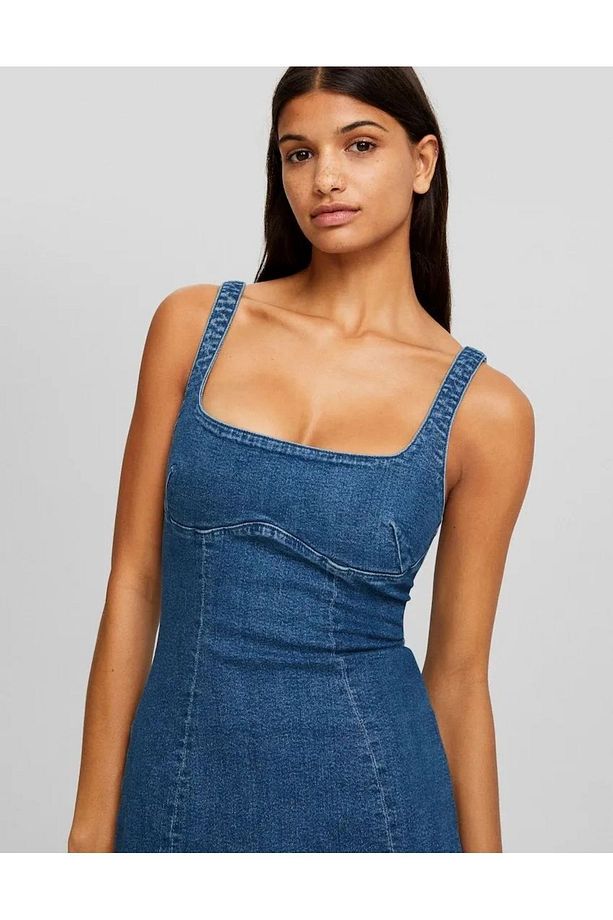 ALLBUCKS BERSH KA Askılı Yırtmaçlı Streç Uzun Midi Denim Elbise Abbrs0009 - 3