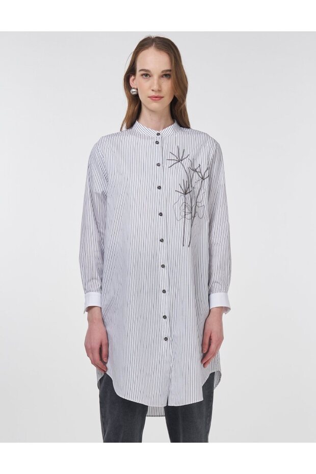 Stripe Pattern Judge Collar Tunic Black - 1