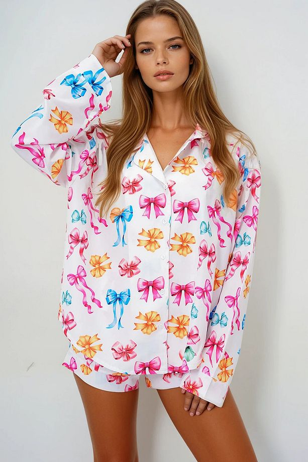 Kadın Mıx Duble Manşet Ve Paça Detaylı Dokuma Gömlek Ve Şortlu Pijama Takımı Pjmx13919 - 2
