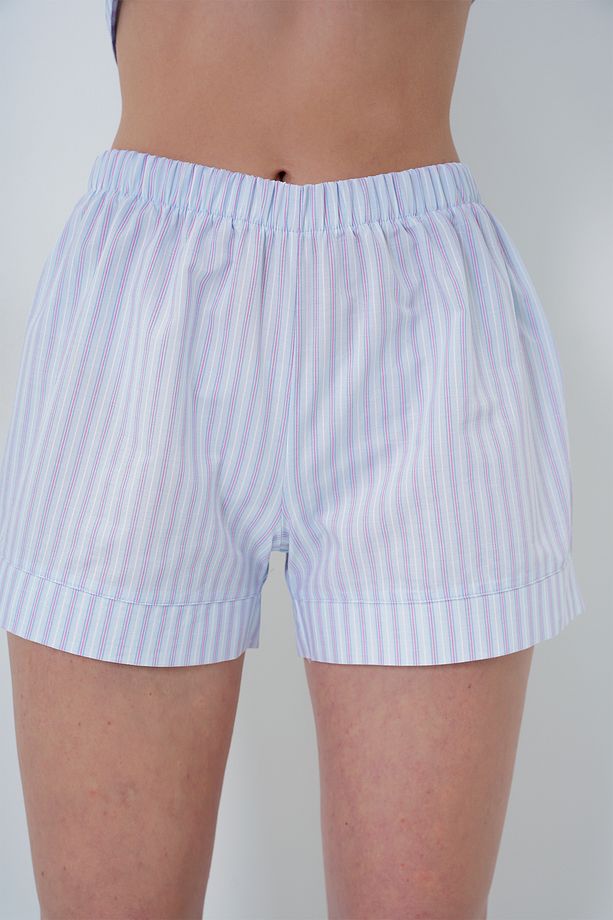 Kadın Pembe Mavi Duble Manşet Ve Paça Detaylı Dokuma Gömlek Ve Şortlu Pijama Takımı Pjmx13919 - 4