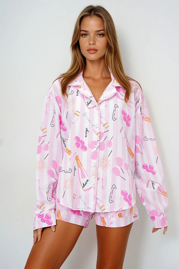 Kadın Pembe-ekru Duble Manşet Ve Paça Detaylı Dokuma Gömlek Ve Şortlu Pijama Takımı Pjmx13919 - 3