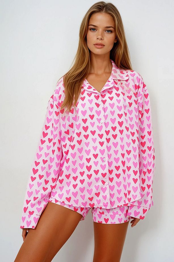 Kadın Pembe-kırmızı Duble Manşet Ve Paça Detaylı Dokuma Gömlek Ve Şortlu Pijama Takımı Pjmx13919 - 2