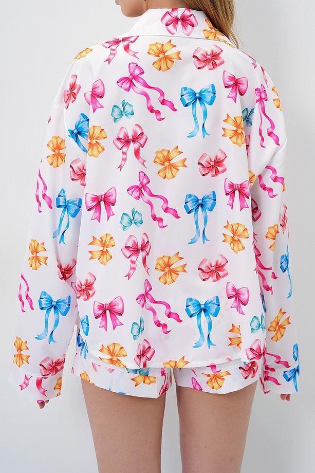 Kadın Mıx Duble Manşet Ve Paça Detaylı Dokuma Gömlek Ve Şortlu Pijama Takımı Pjmx13919 - 5