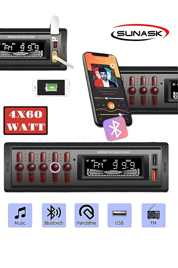 Primat Çift Amfi Çıkışlı 4x60watt 63 Max Ses Hızlı Şarj Usb Girişli Araba Teybi Oto Teyip - 1