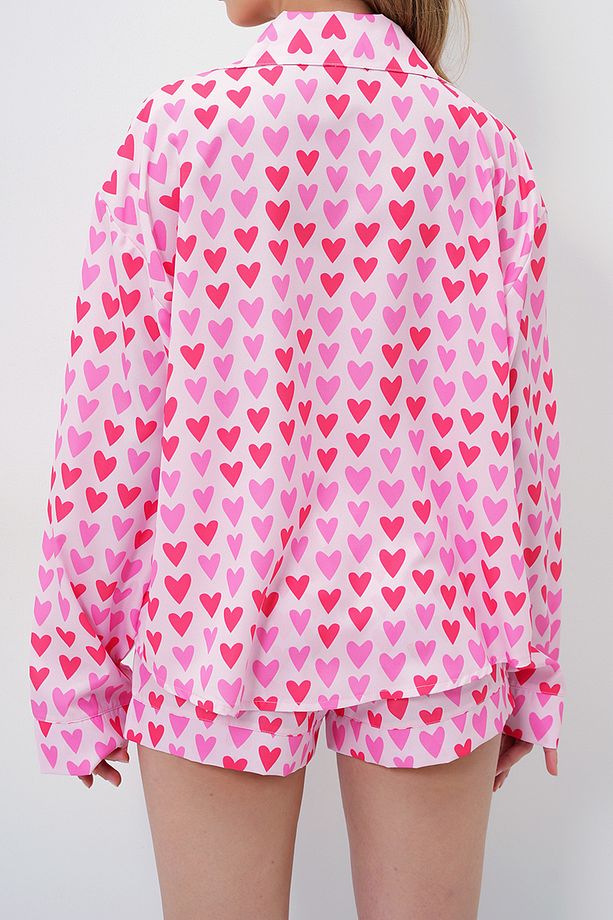 Kadın Pembe-kırmızı Duble Manşet Ve Paça Detaylı Dokuma Gömlek Ve Şortlu Pijama Takımı Pjmx13919 - 5