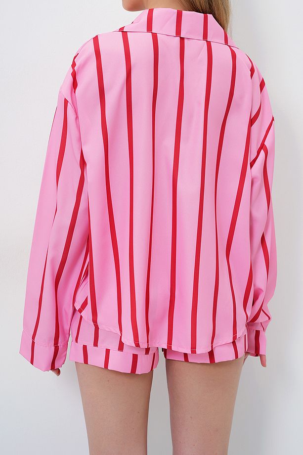 Kadın Pembe-bordo Duble Manşet Ve Paça Detaylı Dokuma Gömlek Ve Şortlu Pijama Takımı Pjmx13919 - 5