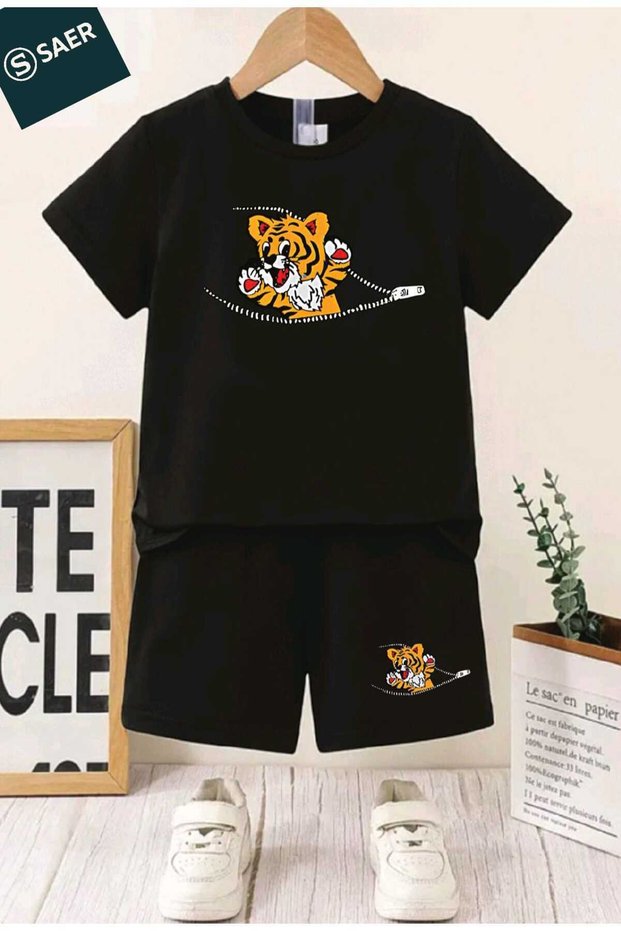Printed Crew Neck Boys' and Girls' Set Cotton T-Shirts and Shorts, Summer Comfort Set
