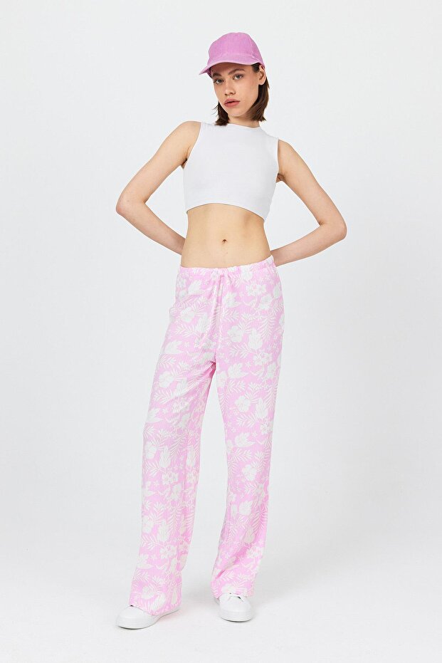 Candy Pink Elastic Waist Patterned Pants 4725A - 1