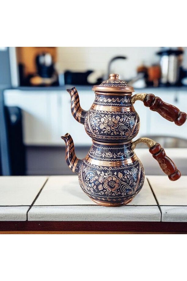İşlemeli Bakır Çaydanlık Seti 2 Kişilik 1.5 Litrelik Mor Çaydanlık Bakır Demlik El Yapımı Şık Çeyiz - 1