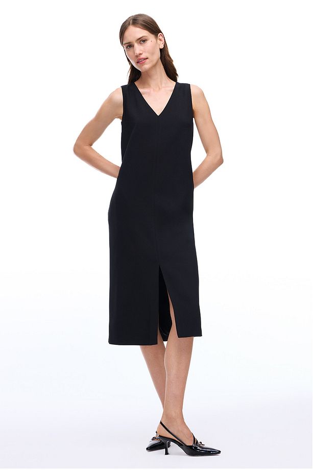 Seras Regular Fit Midi Boy Sıfır Kol V-Yaka Siyah Elbise - 3