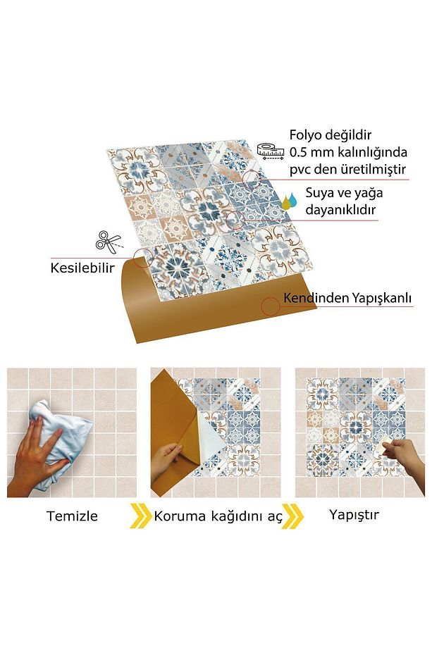 Kendinden Yapışkanlı Mavi Fas 4 Desenli Pvc Karo 30x30 Cm (33 Adet) 3m2 - 3