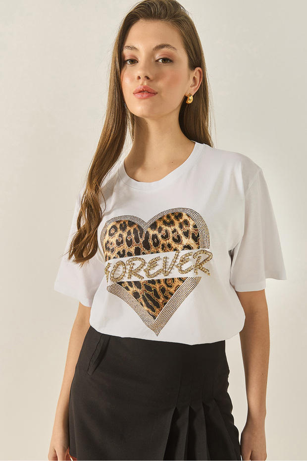 Women's White Forever Stone Printed Leopard Comfortable Fit T-Shirt 1812 60283281