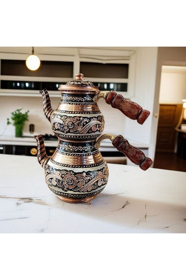 İşlemeli Bakır Çaydanlık Seti 2 Kişilik 1.5 Litrelik Siyah Çaydanlık Bakır Demlik El Yapımı ŞıkÇeyiz - 2
