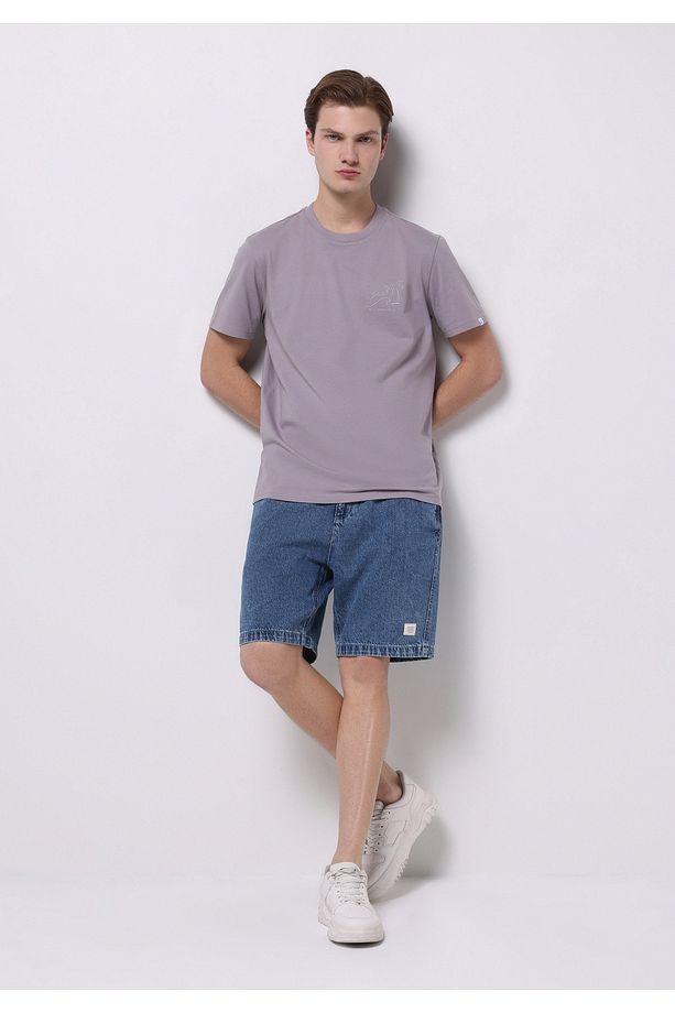 Regular Fit Orta Bel Düz Erkek İndigo Jean Şort - 3
