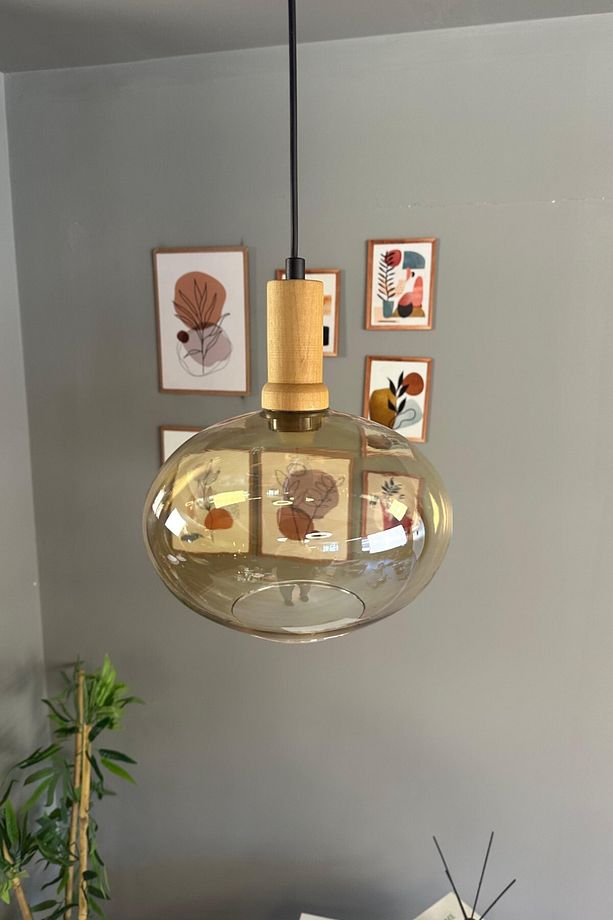 Solvia Cam Bal Rengi Tekli Avize Ahşap Fener Başlık Retro Sarkıt Lamba Salon Aydınlatma - 1