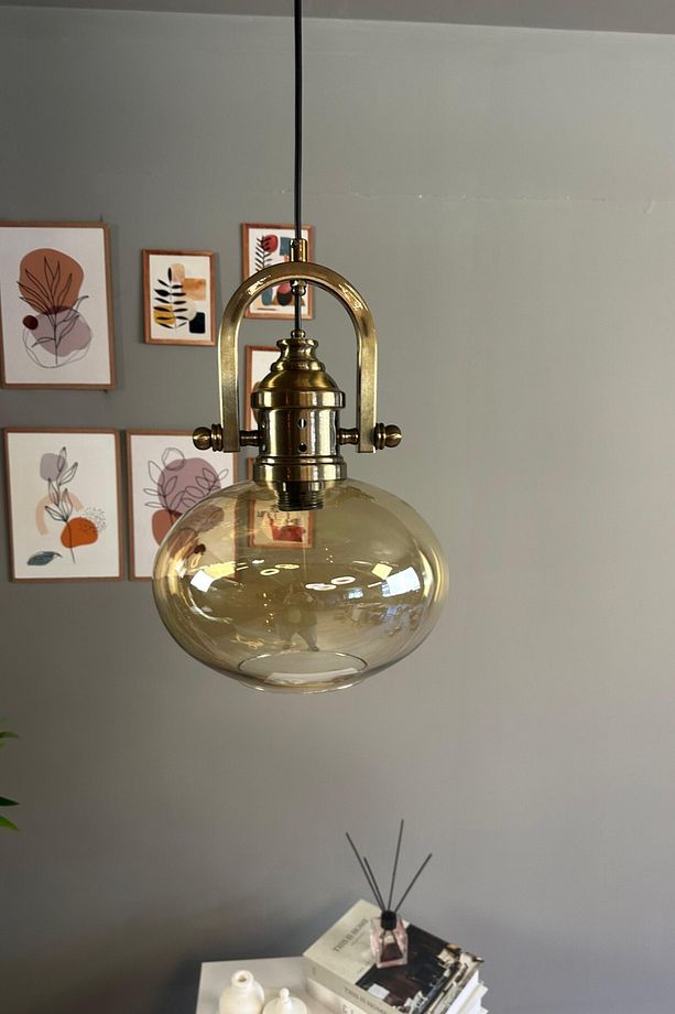 Solvia Cam Bal Rengi Tekli Avize Delikli Eskitme Başlık Retro Sarkıt Lamba Salon Aydınlatma - 3