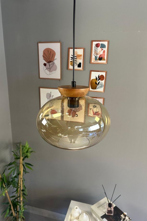 Solvia Cam Bal Rengi Tekli Avize Tabak Ahşap Başlık Retro Sarkıt Lamba Salon Aydınlatma - 4