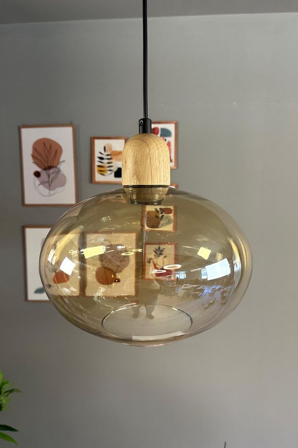 Solvia Cam Bal Rengi Tekli Avize Kalın Ahşap Kafa Başlık Retro Sarkıt Lamba Salon Aydınlatma - 3