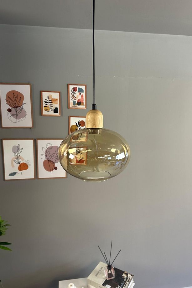 Solvia Cam Bal Rengi Tekli Avize Kalın Ahşap Kafa Başlık Retro Sarkıt Lamba Salon Aydınlatma - 5