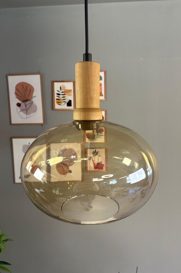 Solvia Cam Bal Rengi Tekli Avize Ahşap Fener Başlık Retro Sarkıt Lamba Salon Aydınlatma - 3