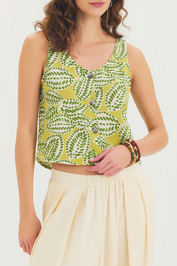 Basic Düğmeli Kısa Bluz Yeşil - 5