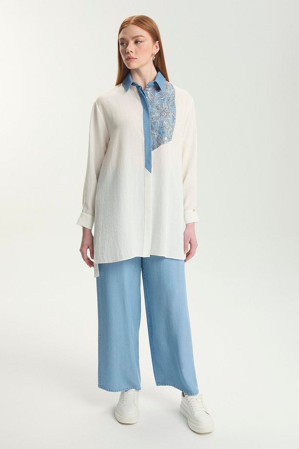 Çiçek Işlemeli Ekru Tunik T-1559 - 4