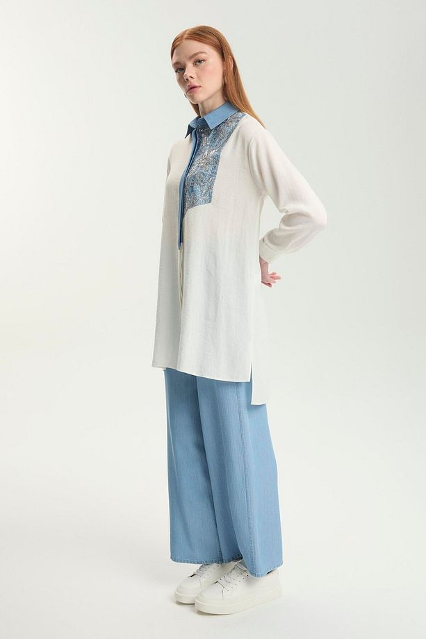 Çiçek Işlemeli Ekru Tunik T-1559 - 3