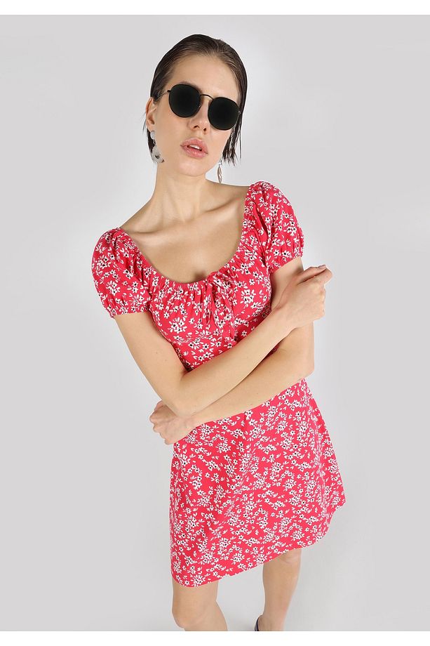 Regular Fit Çiçekli Kadın Çok Renkli Kısa Kol Elbise - 1