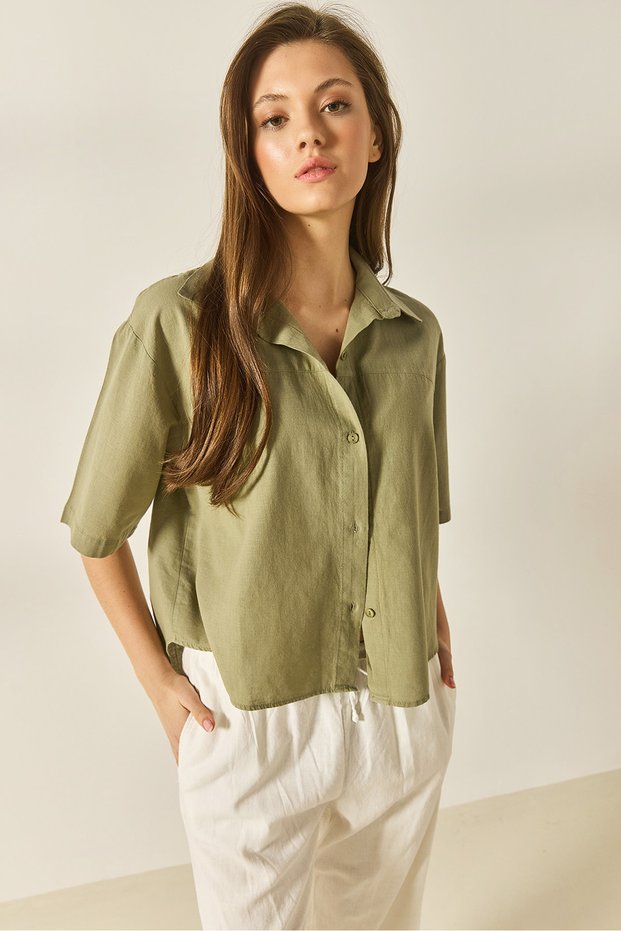 Women's Khaki Half Sleeve Cotton Summer Comfortable Shirt 34439 60283279