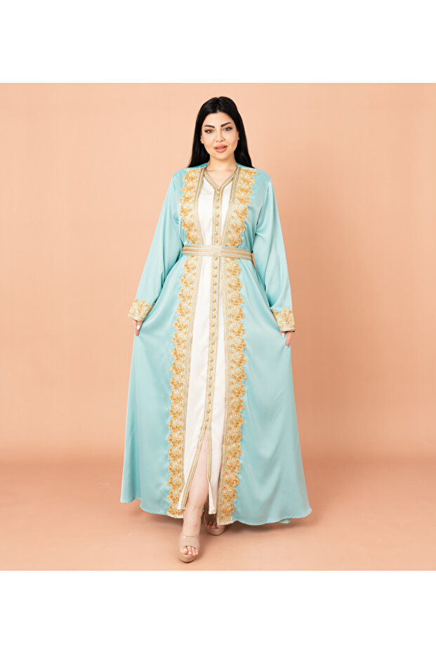 قفطان أنيق بحزام مكون من قطعتين - 1