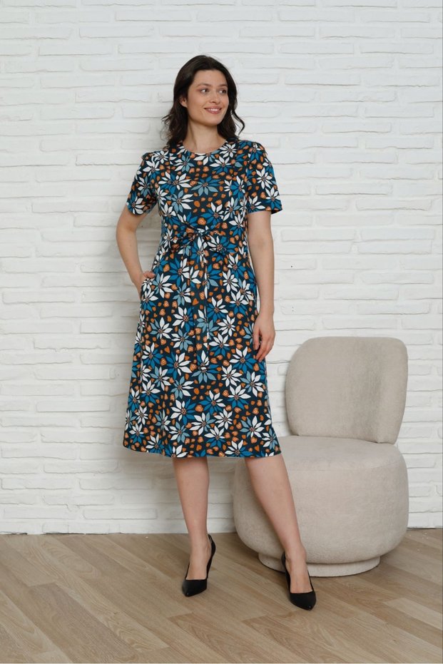 Floral Print Short Sleeve Summer Cotton Dress with Belted Waist and Pockets