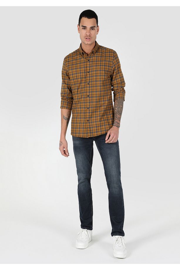 Slim Fit Kareli Sarı Erkek Uzun Kol Gömlek Cl1061023 - 3